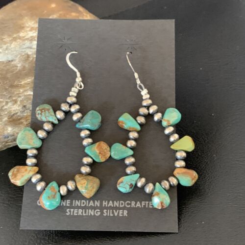 Navajo Green Cluster Turquoise Bead Earrings | Sterling Silver | Authentic Native American Handmade | 13370