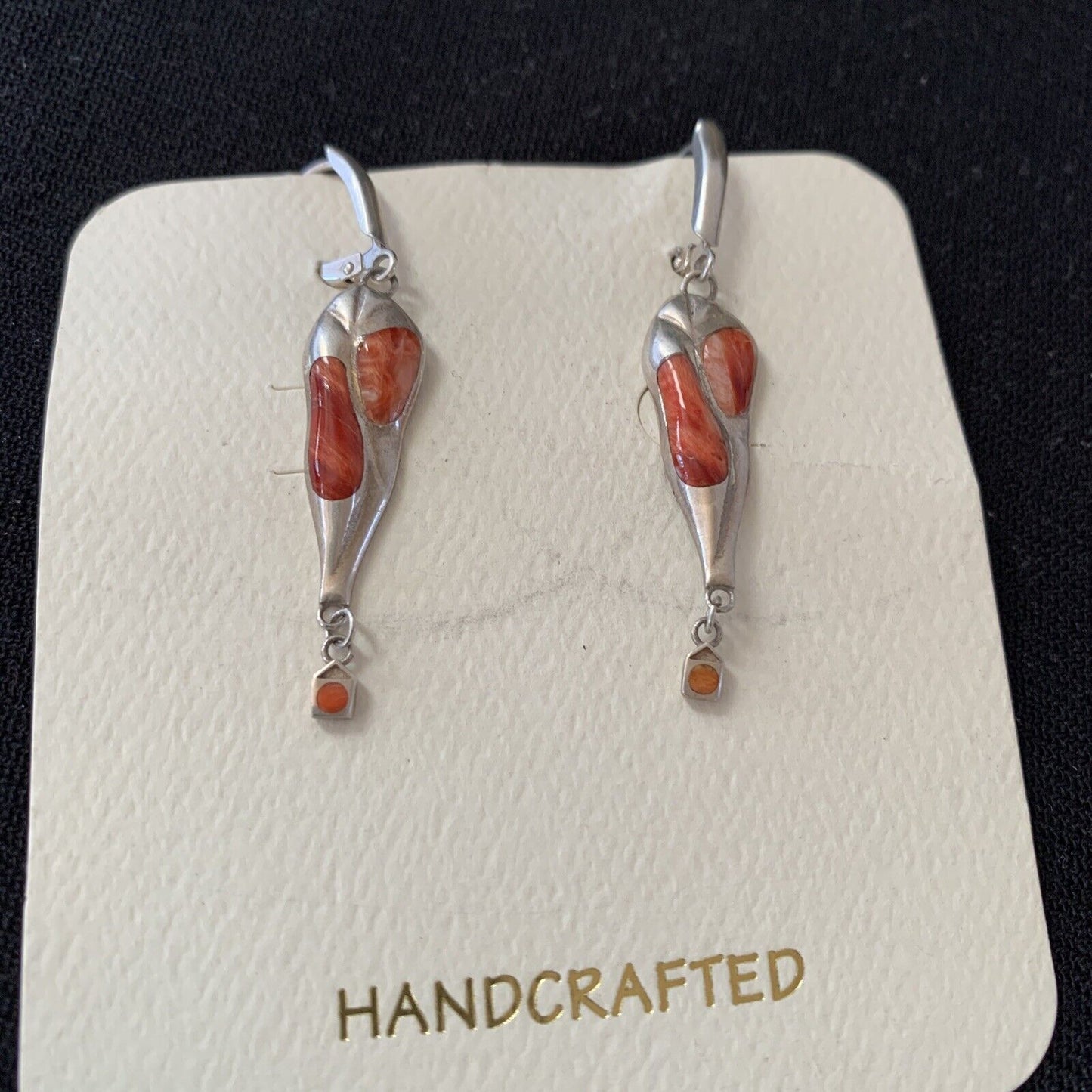 Navajo Red Spiny Oyster Inlay Earrings | Sterling Silver | 2" | Authentic Native American Handmade | 1520