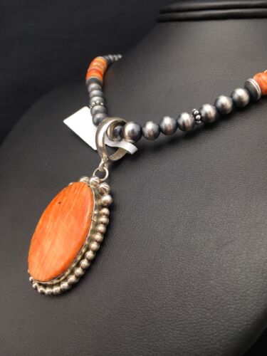 Navajo Orange Spiny Oyster Pendant Necklace | Sterling Silver | Authentic Native American Handmade | 8687