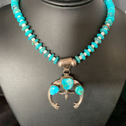 Navajo Sterling Silver Blue Turquoise Necklace with Naja Pendant | 18" | Authentic Native American Handmade | 13754