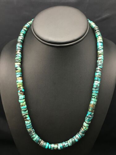 Native American Green Turquoise Heishi Bead Necklace | 10mm Sterling Silver | 20" | 4357