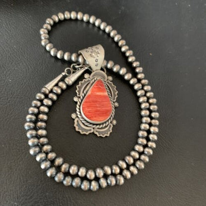 Navajo Red Spiny Oyster Pendant | Sterling Silver | 2" | Authentic Native American Handmade | 13320