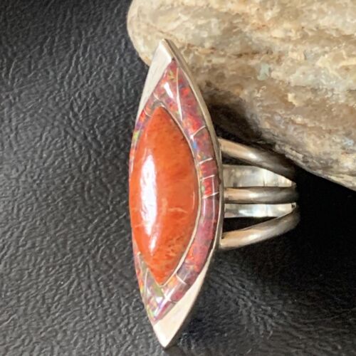 Navajo Red Spiny Oyster Opal Inlay Ring | Sterling Silver | Sz 10 | Authentic Native American Handmade | 12843