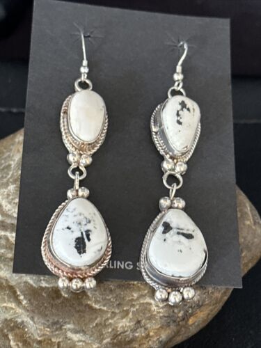 Navajo White Buffalo Turquoise Dangle Earrings | Sterling Silver | 2.5" | Authentic Native American Handmade | 14801