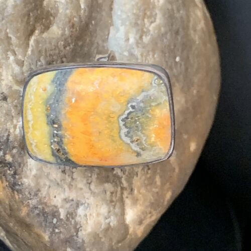 Navajo Yellow Bumble Bee Jasper Ring | Sterling Silver | Sz 8 Adjustable | Authentic Native American Handmade | 14015