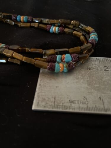 Navajo Turquoise, Tigers Eye & Spiny Oyster Necklace | Sterling Silver | Authentic Native American Handmade | 1132