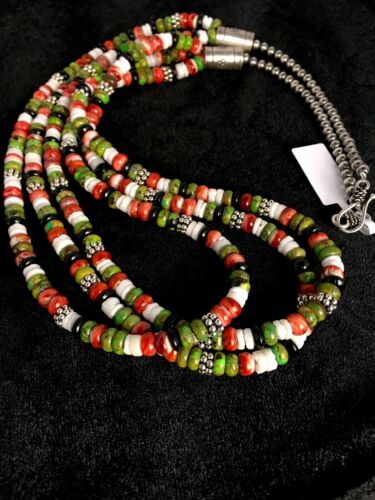 Native American Turquoise & Spiny Oyster Necklace | Sterling Silver | Multi-Strand | 8745
