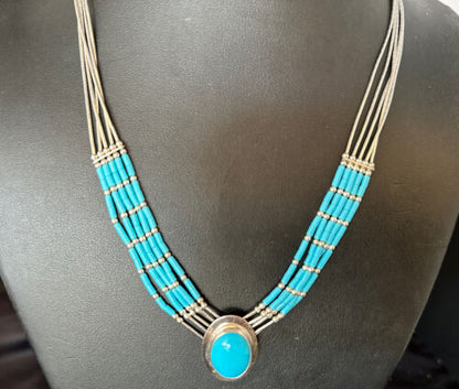 Navajo Liquid Silver Heishi 5-Strand Necklace | Turquoise Pendant | Sterling Silver | 14821