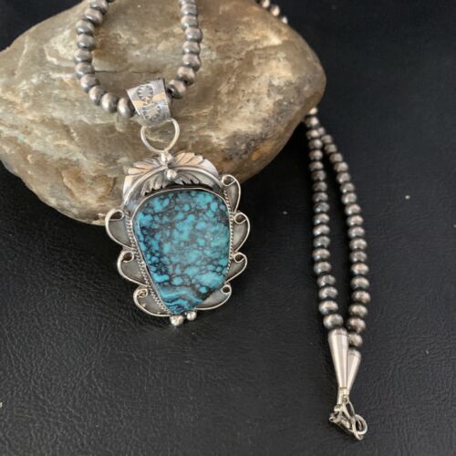 Navajo Spiderweb Turquoise Pendant Necklace | Sterling Silver | 2.25" | Authentic Native American Handmade | 13978