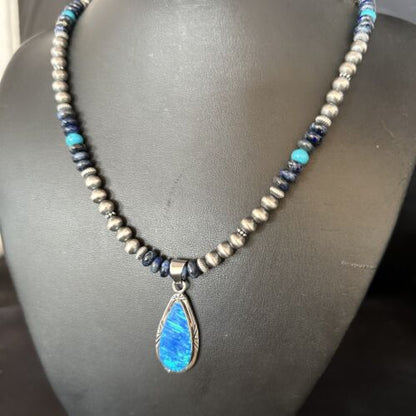 Blue Turquoise Lapis Necklace with Opal Pendant | Navajo Sterling Silver | Authentic Native American Handmade | 14367