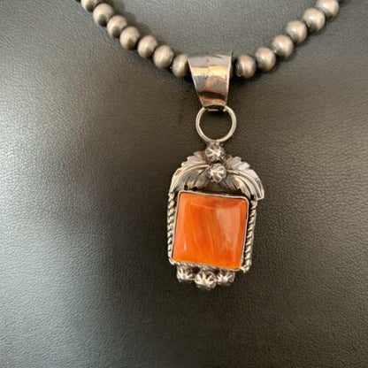 Navajo Orange Spiny Oyster Square Pendant Necklace | Sterling Silver | Authentic Native American Handmade | 13639