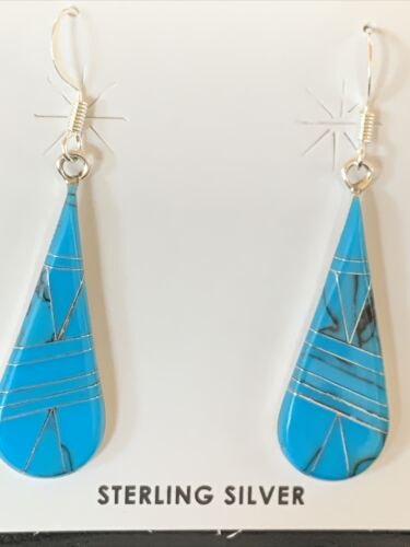 Navajo Sterling Silver Blue Turquoise Inlay Dangle Drop Earrings | 1.5" | Authentic Native American Handmade | 12311