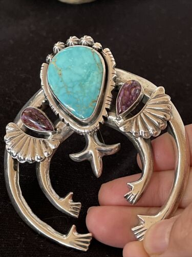 Navajo Sterling Silver Naja Pendant | Turquoise & Spiny Oyster | Authentic Native American Handmade | 01059