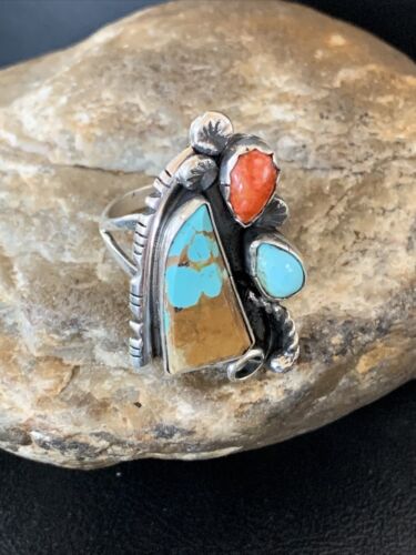 Southwestern Multi-Stone Men's Ring | Authentic Native American Sterling Silver | Turquoise & Spiny Oyster | Sz 11 | 02166
