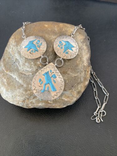 Vintage Zuni Blue Turquoise Necklace Pendant | Sterling Silver | Old Pawn | Native American Handmade | 19" | 1715