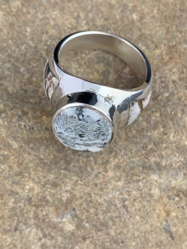 Navajo White Buffalo Turquoise Inlay Ring | Sterling Silver | Sz 8.5 | Authentic Native American Handmade | 4948