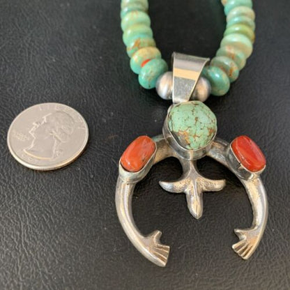 Navajo Pearl Royston Turquoise Coral Necklace with Naja Pendant | Sterling Silver | 13758