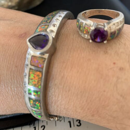 Navajo Sterling Silver Bracelet with Opal and Amethyst | 7" | Ring Sz 6 | Native American Handmade | 13120