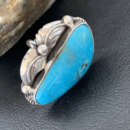 Navajo Blue Kingman Turquoise Ring | Sterling Silver Feather | Sz 7.5 | Authentic Native American Handmade | 10851