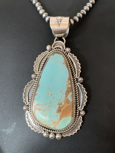 Men's Navajo Pearls Necklace with Blue Royston Turquoise Pendant | Sterling Silver | Native American | 335