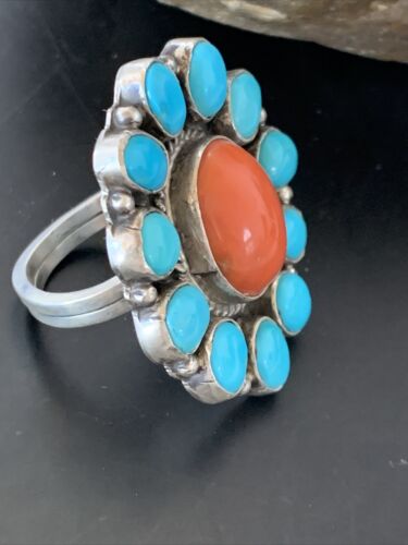 Navajo Blue Turquoise Coral Cluster Ring | Authentic Native American Sterling Silver | Multi-Stone | Sz 9.5 | 11507