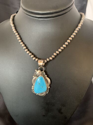 Men's Navajo Pearls Necklace with Blue Kingman Turquoise Pendant | Sterling Silver | Native American Handmade | 12590