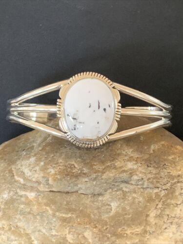 Navajo White Buffalo Turquoise Cuff Bracelet | Sterling Silver | Authentic Native American Handmade | 1388