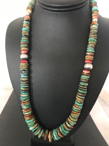 Authentic Native American Navajo Necklace | Green Turquoise & Spiny Oyster | Sterling Silver | 22" Pendant by Platero | 1255