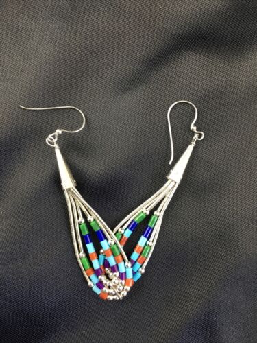 Handmade Liquid Silver Heishi Dangle Earrings | Turquoise Coral | Sterling Silver | 2" | 2009
