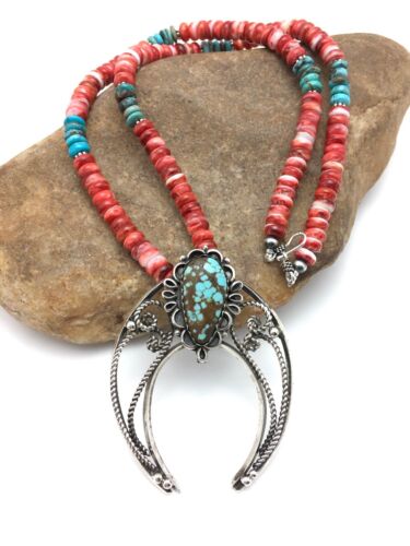 Navajo Turquoise #8 Spiny Oyster Naja Pendant | Sterling Silver Necklace | 24" | Authentic Native American | 4062