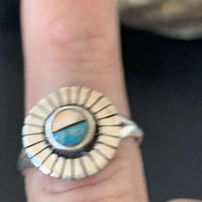Southwestern Women's Navajo Blue Turquoise Pink Coral Inlay Ring | Sz 7.5 | 11206
