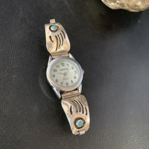 Women's Navajo Sterling Silver Watch Tips with Blue Turquoise | Bear Paw Design | Authentic Native American Jewelry | 13692
