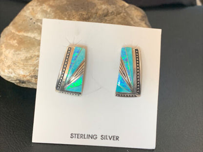 Navajo Blue Opal Turquoise Inlay Earrings | Sterling Silver | Authentic Native American Handmade | 12116