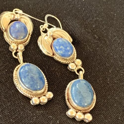 Native American Navajo Denim Lapis Dangle Earrings | Sterling Silver | 2" | 1682