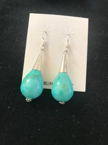 Native American Blue Turquoise Bead Dangle Earrings |  Navajo Handmade Sterling Silver | 960