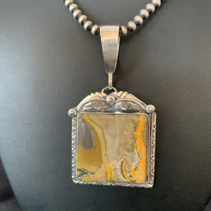 Navajo Bumblebee Jasper Pendant Necklace | Sterling Silver | Authentic Native American Handmade | 10462