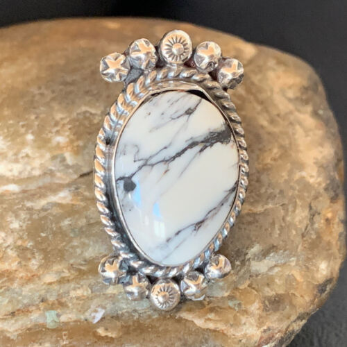 Navajo White Buffalo Turquoise Ring | Sterling Silver | Sz 8 | Authentic Native American Handmade | 13346