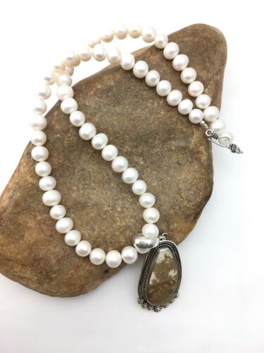 Nevada Turquoise and White Pearl Pendant Necklace | Sterling Silver | 20" | 4390