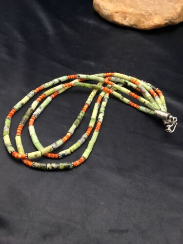 Navajo Green Serpentine & Spiny Oyster Necklace | 3 Strand | Sterling Silver | Authentic Native American Handmade | 4095