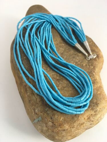 Native American Blue Turquoise Heishi Necklace | 10 Strand | Sterling Silver | 19" | 8872 - Masha USA