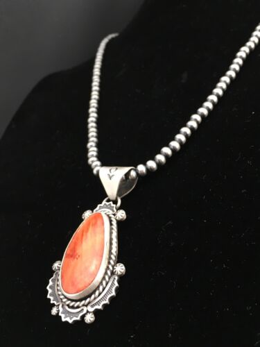Navajo Orange Spiny Oyster Pendant | Sterling Silver Pearls | Authentic Native American Handmade | 1296