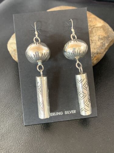 Navajo Sterling Silver Bead Earrings | Handmade Native American Pearls | 2.75" | 1519