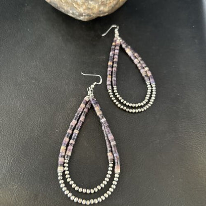 Native American Sugilite Heishi Bead Earrings | Sterling Silver | 4" | 14316