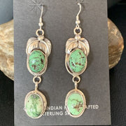 Navajo Green Spiderweb Turquoise Dangle Earrings | Sterling Silver | Authentic Native American Handmade | 13544