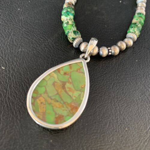 Navajo Green Mojave Turquoise Pendant Necklace | Sterling Silver | Native American Handmade | 13461