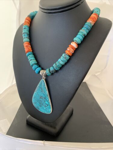 Spiny Oyster Turquoise Navajo Pearls | Spiderweb Pendant | Sterling Necklace | Southwestern | 00835