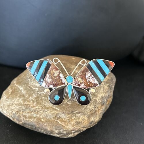 Zuni Butterfly Inlay Ring | Coral Turquoise Onyx Mother of Pearl | Sz 7 | Sterling Silver | 14439