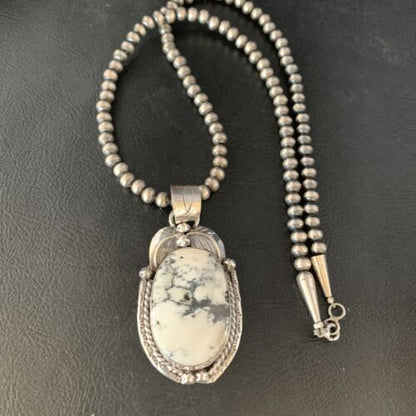 White Buffalo Turquoise Pendant Necklace | Sterling Silver | Navajo | Authentic Native American Handmade | 14052