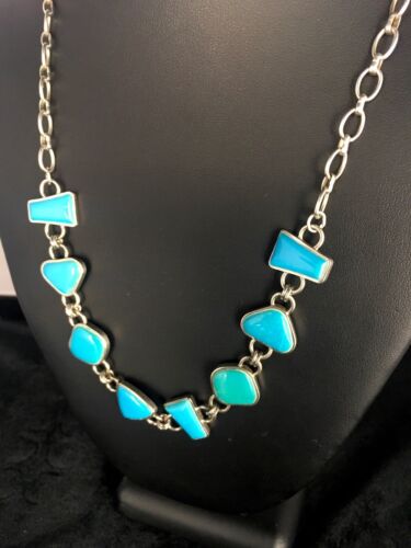 Navajo Sterling Silver Inlay Blue Turquoise Necklace & Bracelet Set | Old Pawn Jewelry | Authentic Native American Handmade | 8741