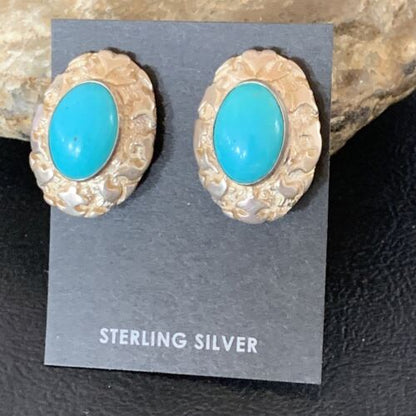 Southwestern Women's Blue Turquoise Nugget Earrings | Sterling Silver | Authentic Native American Handmade | 13012